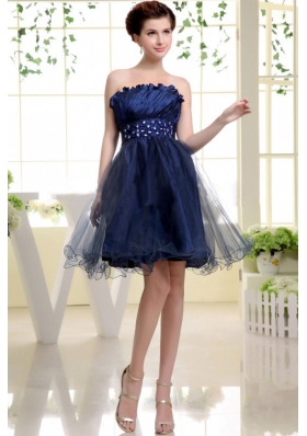 Navy Blue Puffy Prom Dress With Beadings Strapless