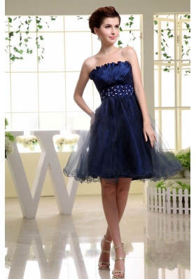 Navy Blue Puffy Prom Dress With Beadings Strapless