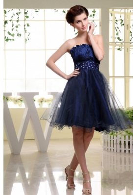 Navy Blue Puffy Prom Dress With Beadings Strapless