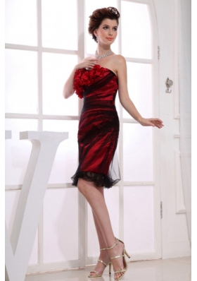 Tulle Hand Made Flowers Knee-length Red Prom Dress