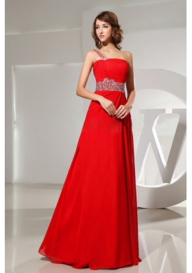 One Shoulder Prom Dresss Red Beaded Chiffon
