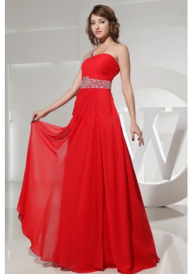 One Shoulder Prom Dresss Red Beaded Chiffon