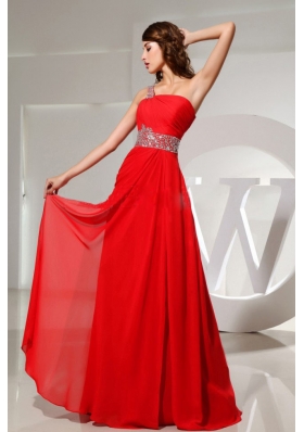 One Shoulder Prom Dresss Red Beaded Chiffon