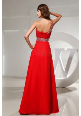 One Shoulder Prom Dresss Red Beaded Chiffon