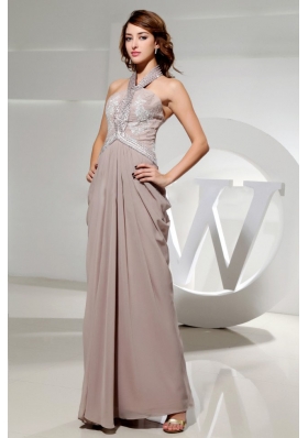 Halter Grey Chiffon Prom Dress Empire Beading