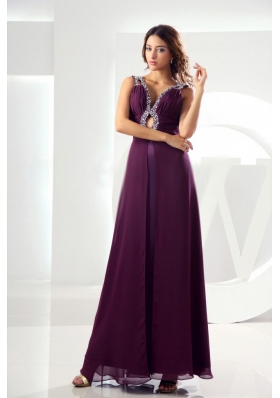 Sexy Ankle-length Beading Purple Prom Evening Dress V-neck