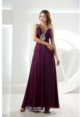 Sexy Ankle-length Beading Purple Prom Evening Dress V-neck