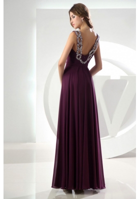 Sexy Ankle-length Beading Purple Prom Evening Dress V-neck