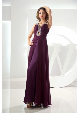 Sexy Ankle-length Beading Purple Prom Evening Dress V-neck