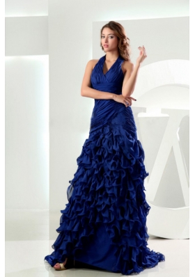 Mermaid Royal Blue Halter Ruffled Sweep Prom Dress