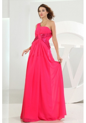 Hot Pink One Shoulder Chiffon Empire Prom Dress