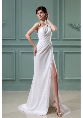 High Slit White One Shoulder Chiffon Prom Dress