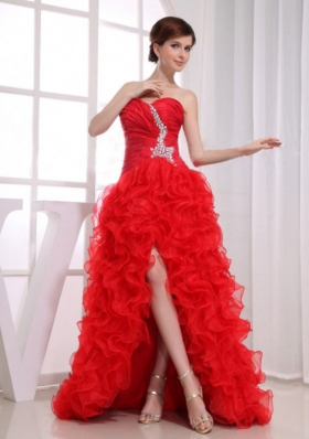 Beading High-low Red Mermaid Prom Dress Organza Ruffles