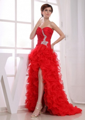 Beading High-low Red Mermaid Prom Dress Organza Ruffles