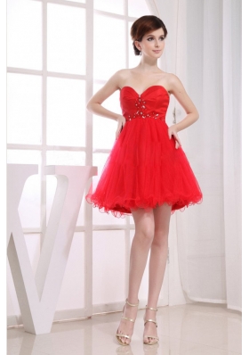 Tulle Red Beads Mini-length Sweetheart Prom Dress