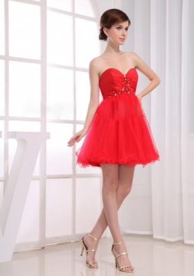Tulle Red Beads Mini-length Sweetheart Prom Dress