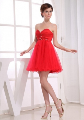 Tulle Red Beads Mini-length Sweetheart Prom Dress