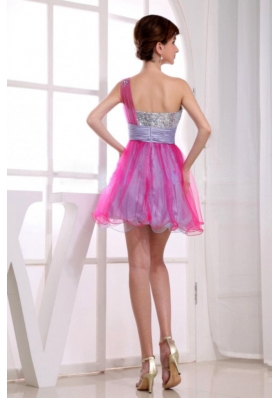 One Shoulder Hot Pink Prom Dress Organza Mini Beaded