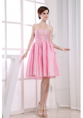 Pink A-Line Beaded Taffeta Knee-length Prom Dress