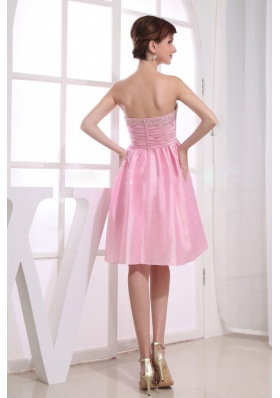 Pink A-Line Beaded Taffeta Knee-length Prom Dress