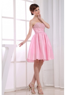 Pink A-Line Beaded Taffeta Knee-length Prom Dress