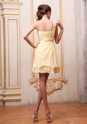 Yellow One Shoulder Mini Chiffon Prom Gown Beading