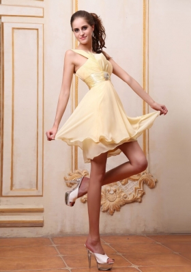 Yellow One Shoulder Mini Chiffon Prom Gown Beading