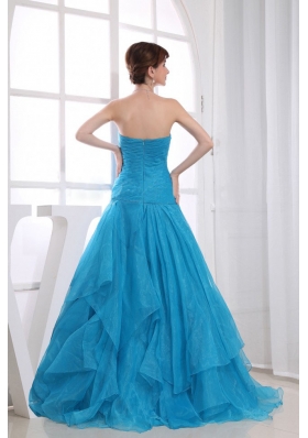 Organza Blue Ruffles Ruched Sweetheart Prom Dress