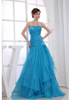 Organza Blue Ruffles Ruched Sweetheart Prom Dress