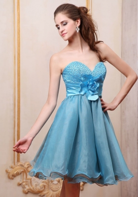 Hand Made Flower Baby Blue Beaded Prom Dress Short