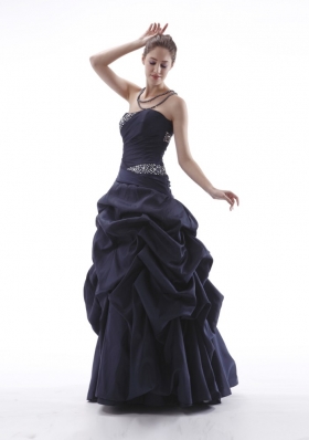 Navy Blue Beaded Prom Dress Pick-ups Taffeta Lace-up