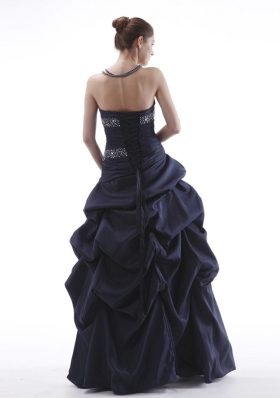 Navy Blue Beaded Prom Dress Pick-ups Taffeta Lace-up