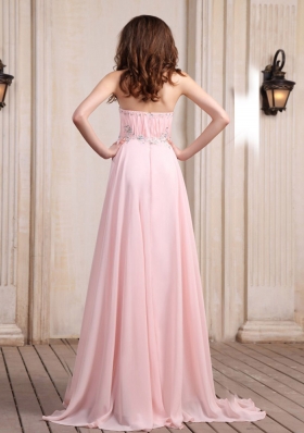 Beaded Baby Pink Prom Dress Chiffon Brush Train