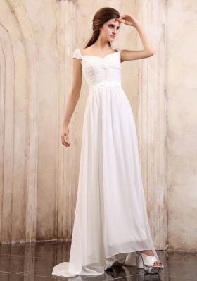 Cap Sleeves Brush White Square Prom Dress Ruched