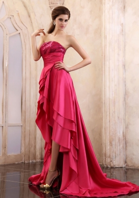 High-low Coral Red Prom Dress with Sequin Layered