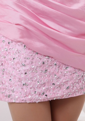 Beaded One Shoulder Ruch Prom Dress Mini-length Pink