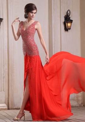 Red Prom Dress Beaded High Slit Court V-neck