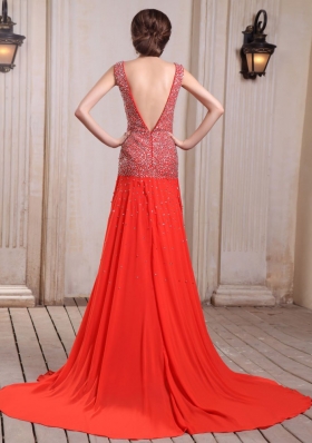 Red Prom Dress Beaded High Slit Court V-neck