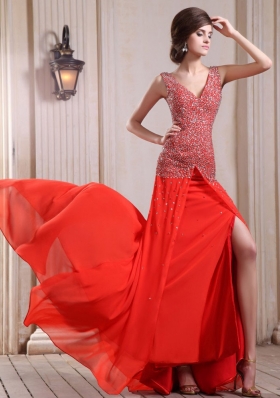 Red Prom Dress Beaded High Slit Court V-neck