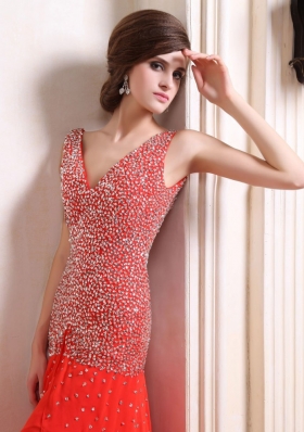 Red Prom Dress Beaded High Slit Court V-neck