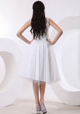 Bateau White Prom Gown Hand Flowers Knee-length