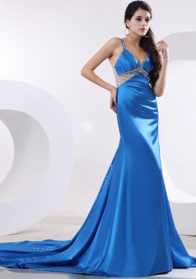 Sky Blue Straps Satin Prom Dress With Beading Brush