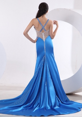 Sky Blue Straps Satin Prom Dress With Beading Brush