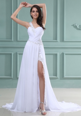 White One Shoulder Prom Dress Beading High Slit