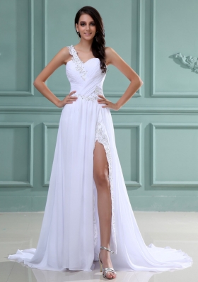 White One Shoulder Prom Dress Beading High Slit