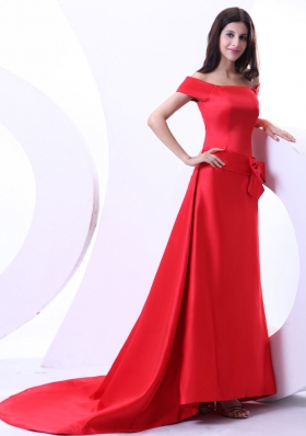 Off The Shoulder Red Prom Dress Bowknot Brush Train