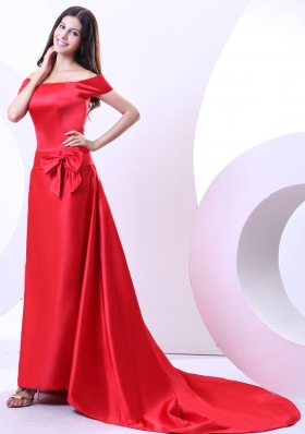 Off The Shoulder Red Prom Dress Bowknot Brush Train