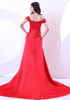 Off The Shoulder Red Prom Dress Bowknot Brush Train