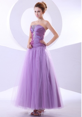 Lavender Ankle-length Tulle Beading Appliques Prom Dress