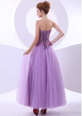 Lavender Ankle-length Tulle Beading Appliques Prom Dress